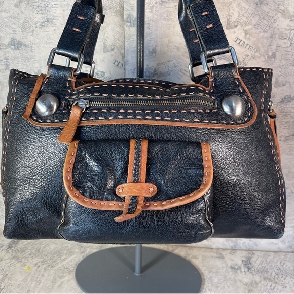 Carla Mancini Top Stitched Black Leather Satchel - Picture 2 of 14